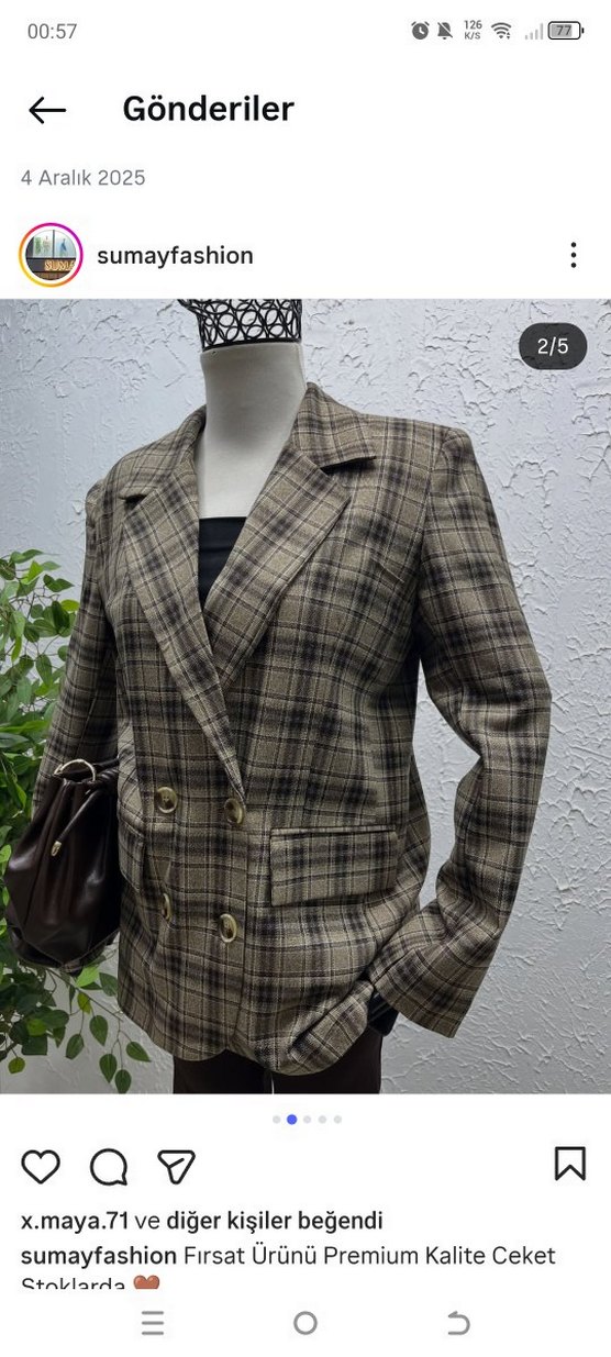 Düğmeli Kareli Kahverengi Kadın Blazer Ceket - Görsel 2