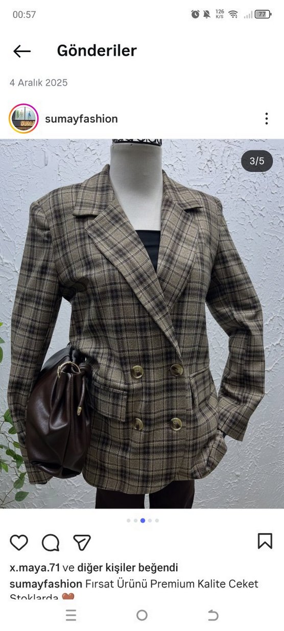 Düğmeli Kareli Kahverengi Kadın Blazer Ceket - Görsel 3