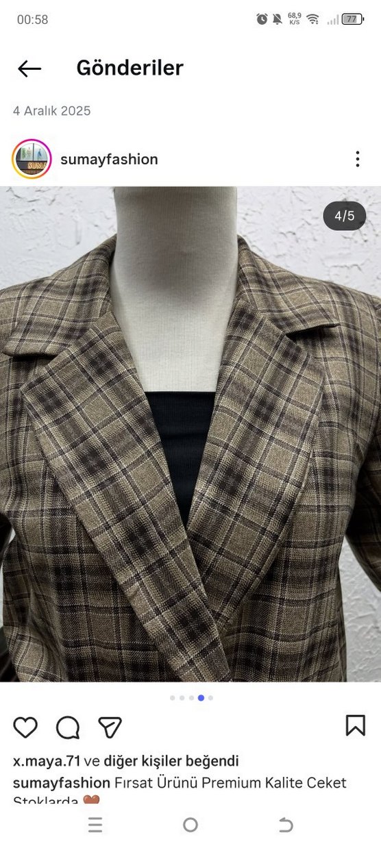 Düğmeli Kareli Kahverengi Kadın Blazer Ceket - Görsel 4