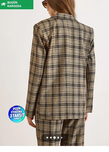Kadın Camel Ekose Cepli Blazer Ceket - Görsel 6