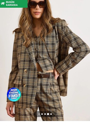 Kadın Camel Ekose Cepli Blazer Ceket - Görsel 4