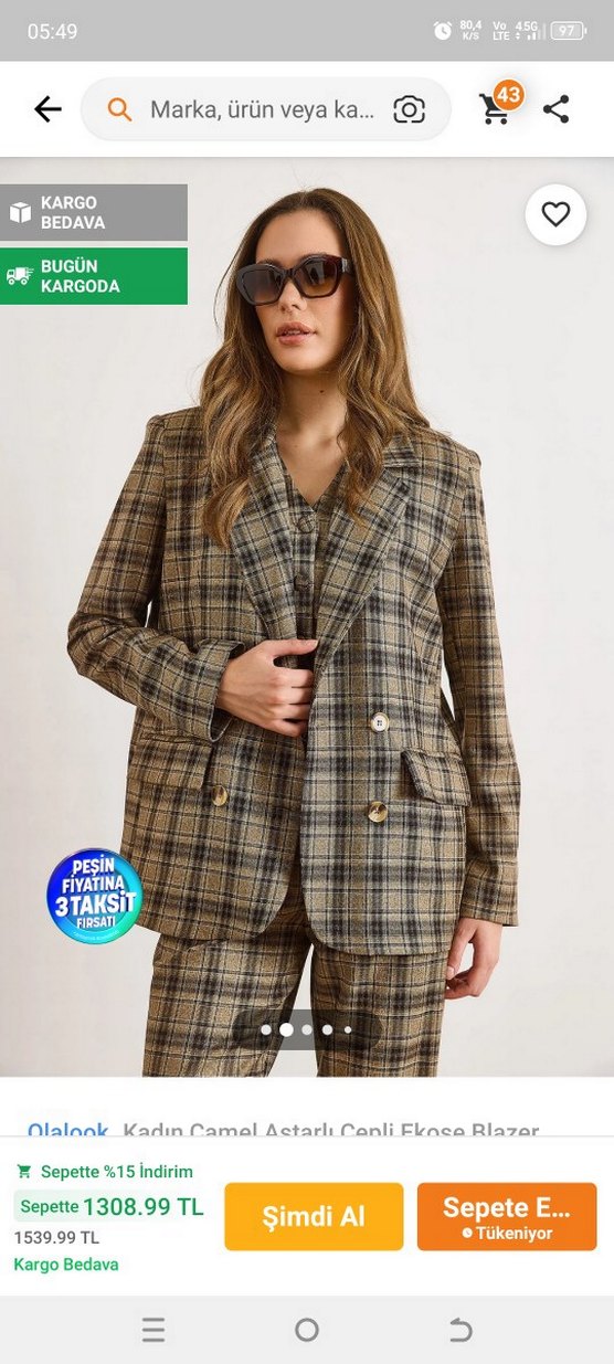 Kadın Camel Ekose Cepli Blazer Ceket - Görsel 2