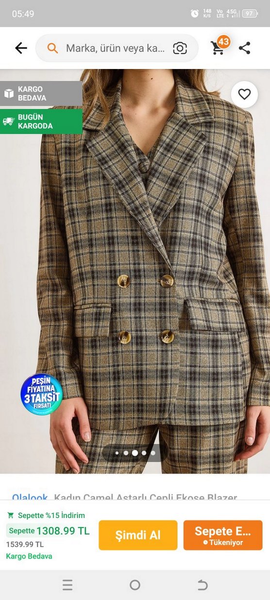 Kadın Camel Ekose Cepli Blazer Ceket - Görsel 5