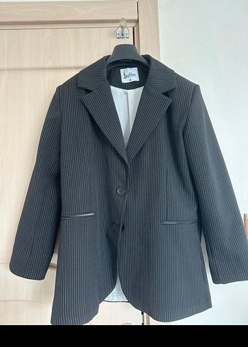 Düğmeli Çizgili Gri Kadın Blazer - Görsel 4