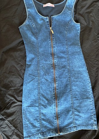 Fermuarlı Mavi Denim Midi Elbise