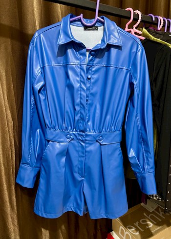 Mavi Deri Düğmeli cepli Mini tulum - Görsel 2