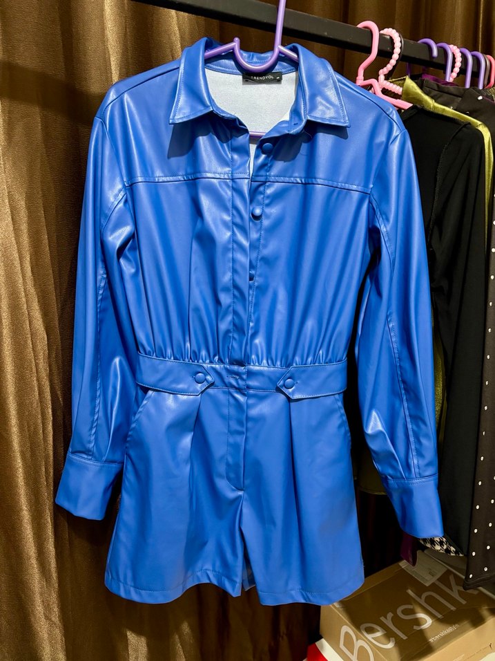 Mavi Deri Düğmeli cepli Mini tulum - Görsel 2