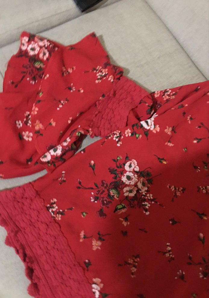 Kırmızı Çiçekli Dantel Detaylı Bohem Bluz - Görsel 3