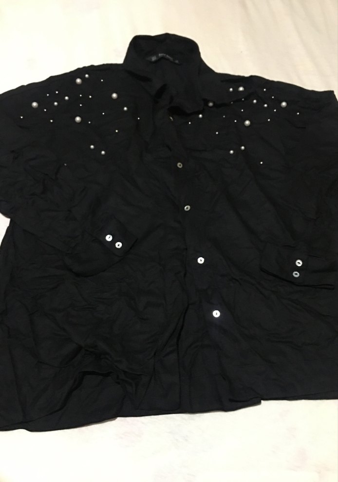 A9-Siyah Parlak Taşlı Düğmeli Kadın Gömlek - Görsel 2