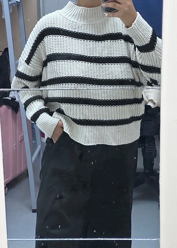 Gri Çizgili Yüksek Yakalı Kadın Kazak - Görsel 6