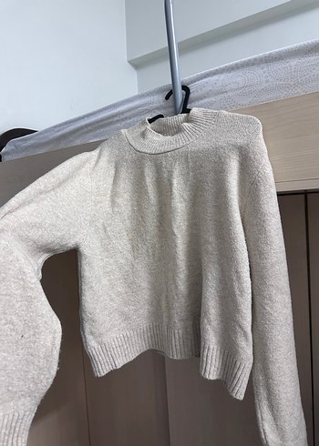 Bej Yünlü Yüksek Yakalı Kadın Kazak - Görsel 4