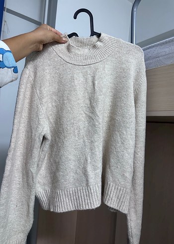 Bej Yünlü Yüksek Yakalı Kadın Kazak - Görsel 6