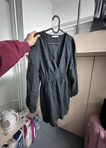 Gri V Yaka Midi Keten Elbise - Görsel 8