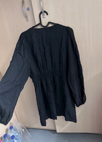 Gri V Yaka Midi Keten Elbise - Görsel 3