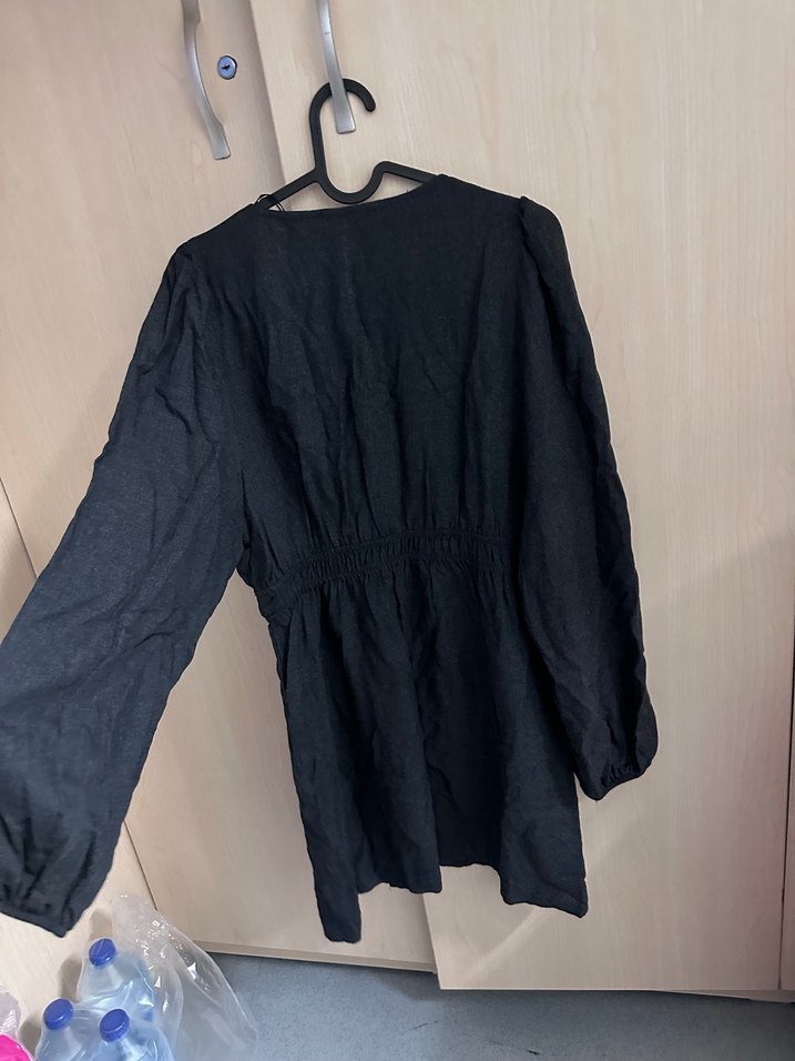 Gri V Yaka Midi Keten Elbise - Görsel 3