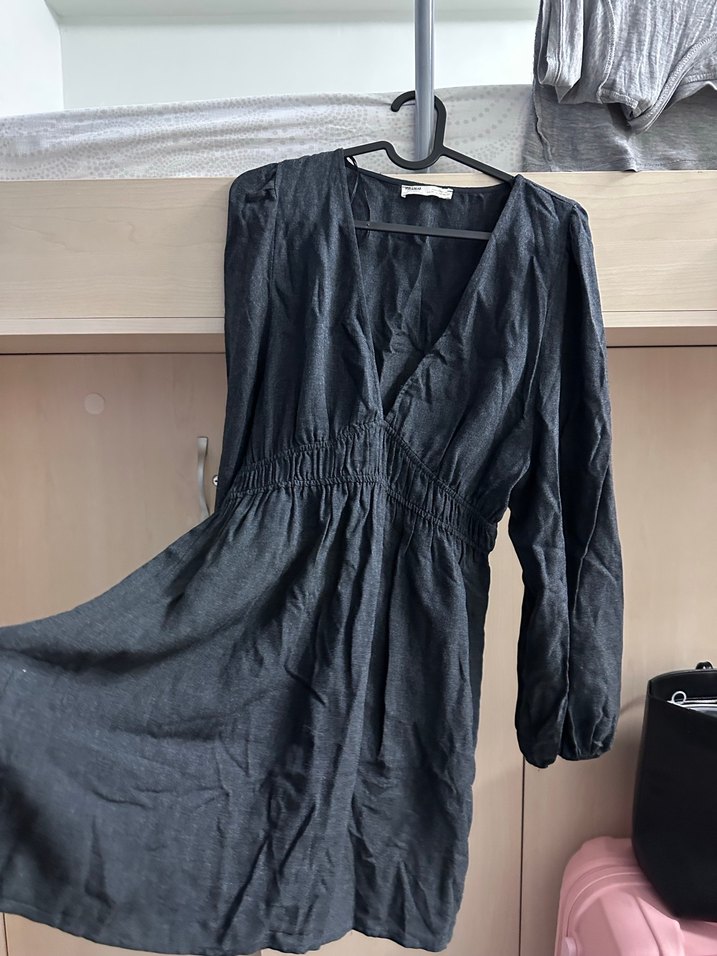 Gri V Yaka Midi Keten Elbise - Görsel 2