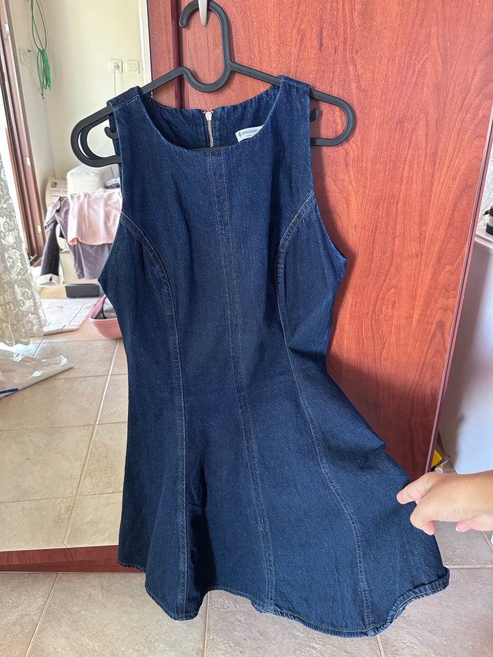 Lacivert Kolsuz Denim Elbise - Görsel 3