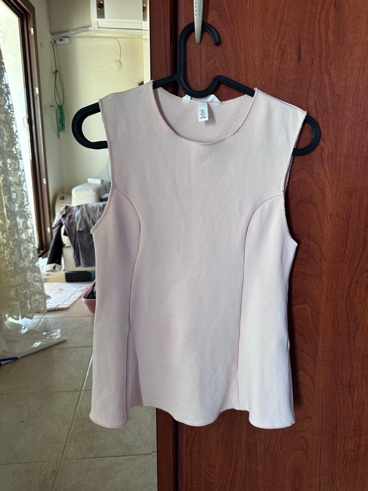 Toz Pembe Belden Oturan Kolsuz Bluz - Görsel 2