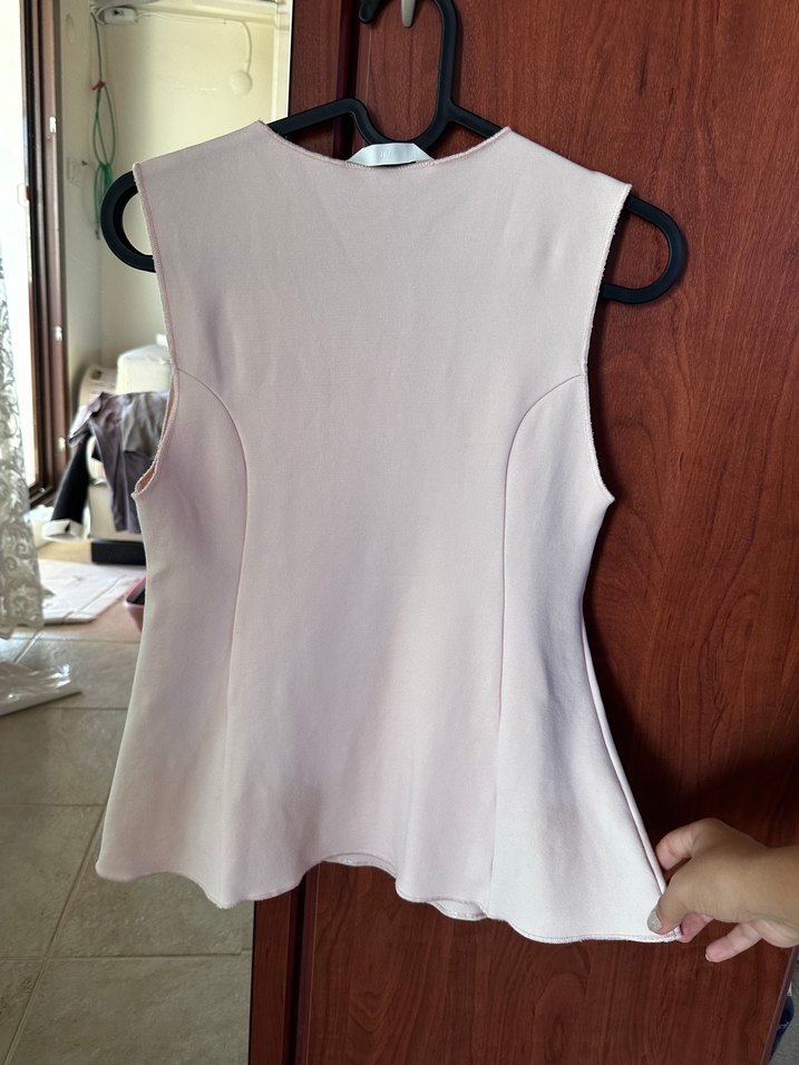 Toz Pembe Belden Oturan Kolsuz Bluz - Görsel 3