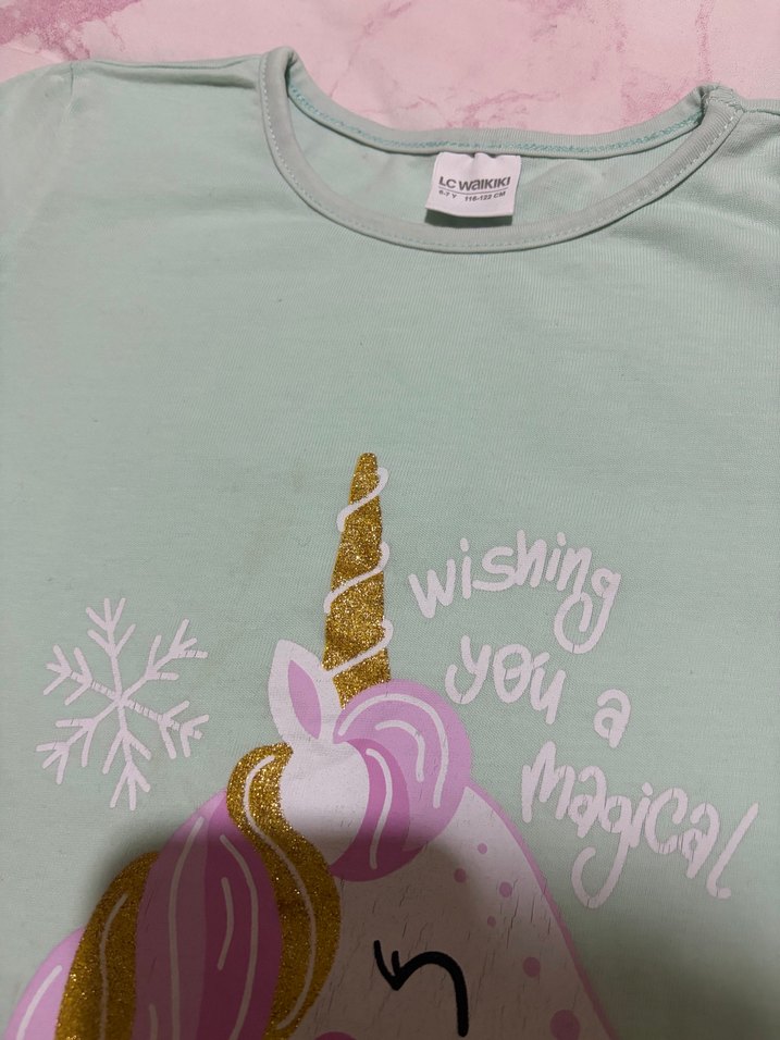 Lc Waikiki Kız Çocuk Yeşil Unicorn Baskılı Uzun Kollu Tişört - Görsel 2