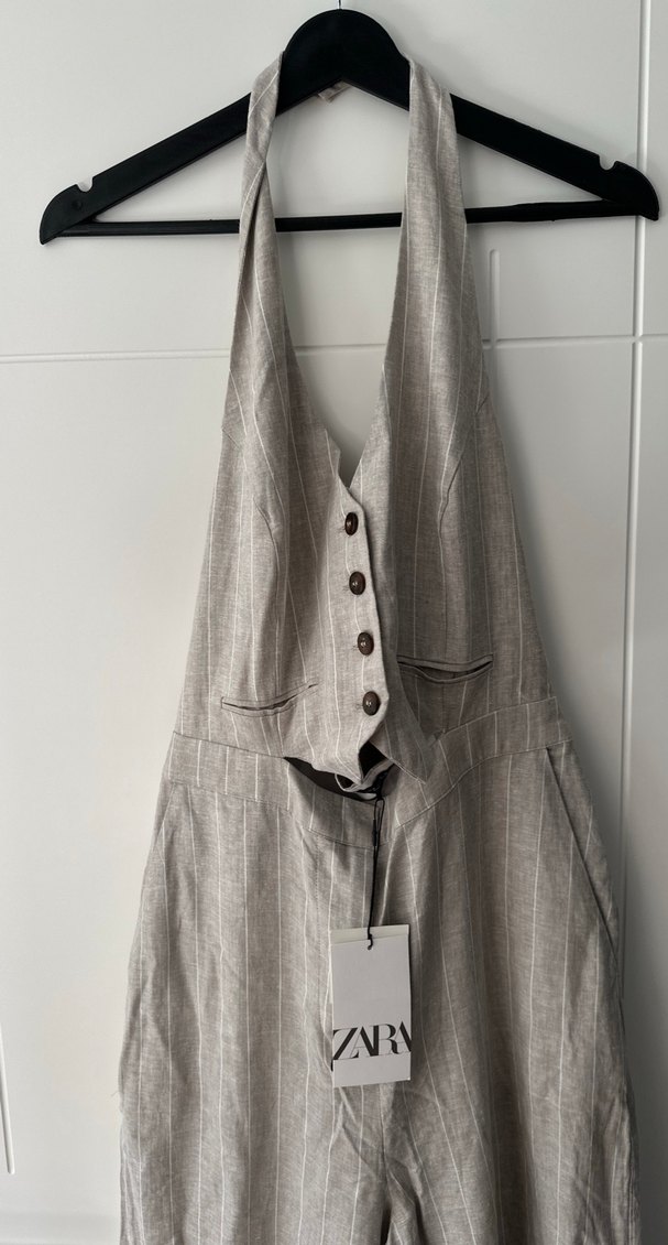 Bej Keten Midi Kadın Tulum - Görsel 2