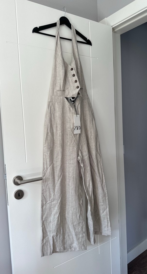 Bej Keten Midi Kadın Tulum - Görsel 3