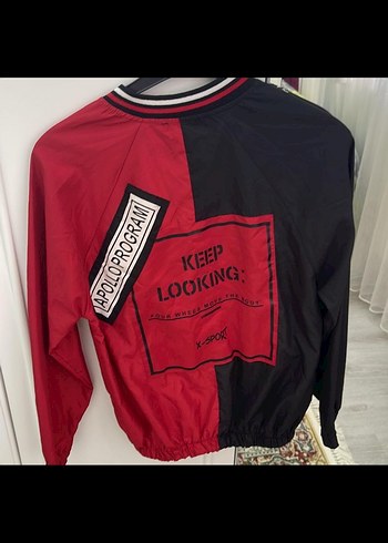 Kırmızı-Siyah Fermuarlı  Kadın Ceket yağmurluk - Görsel 3