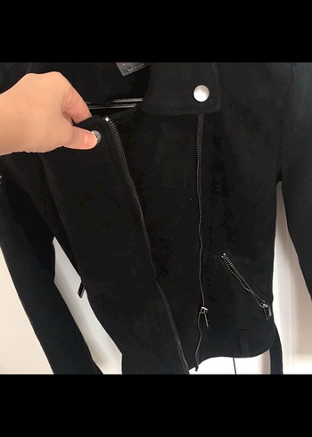 Siyah Süet Kemerli Kadın Deri Ceket - Görsel 2