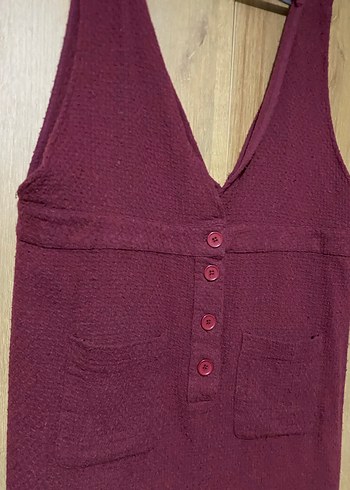 Bordo Düğmeli V Yaka Triko Elbise - Görsel 2