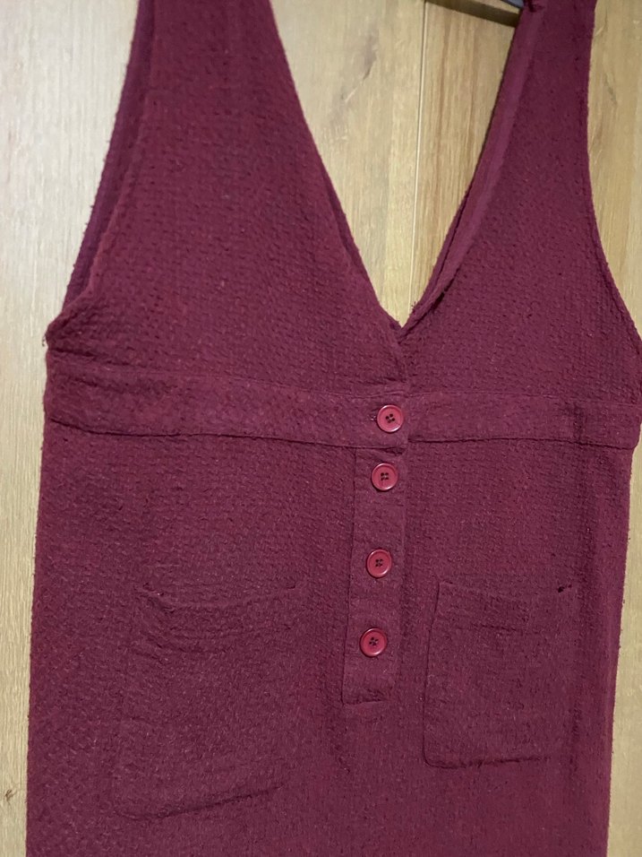 Bordo Düğmeli V Yaka Triko Elbise - Görsel 2