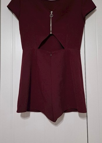 Bordo Kısa Tulum V Yaka Düğmeli - Görsel 2