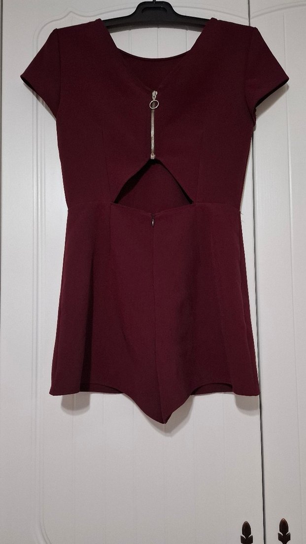 Bordo Kısa Tulum V Yaka Düğmeli - Görsel 2