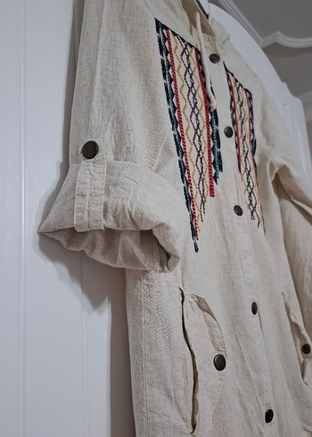 Düğmeli Nakışlı Bej Bohem Kadın Ceket - Görsel 3