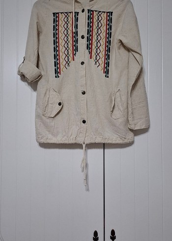 Düğmeli Nakışlı Bej Bohem Kadın Ceket - Görsel 2