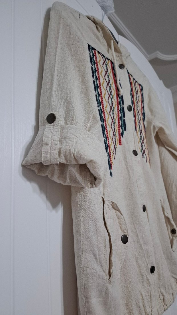 Düğmeli Nakışlı Bej Bohem Kadın Ceket - Görsel 3