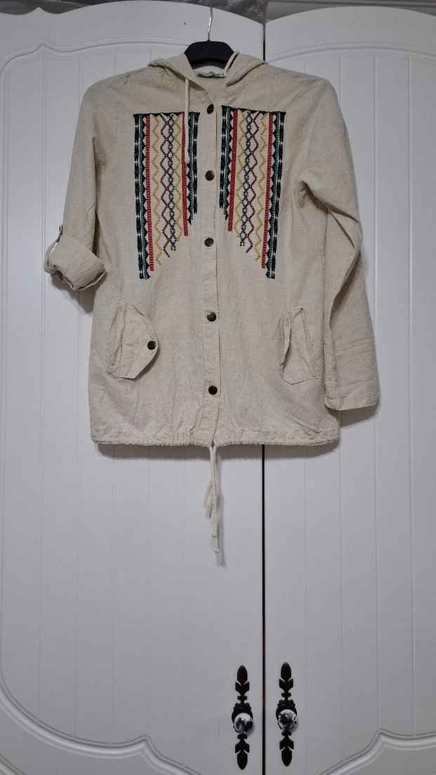 Düğmeli Nakışlı Bej Bohem Kadın Ceket - Görsel 2