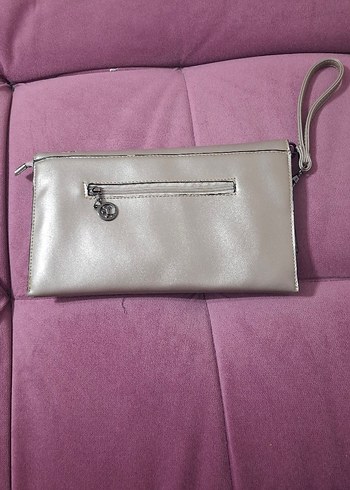 Gri Deri Kadın Clutch Çanta - Görsel 2