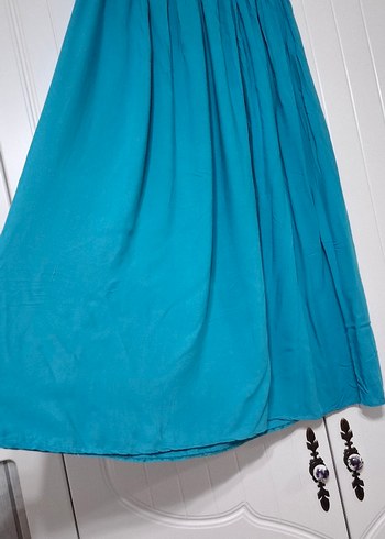 Turkuaz Uzun Salaş Drapeli Etek - Görsel 2