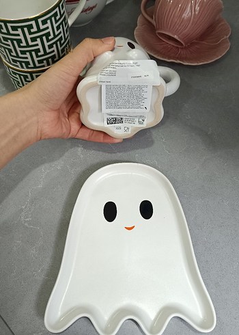 Sevimli Hayalet Tasarımlı Beyaz Kupa ve Tabak - Görsel 3