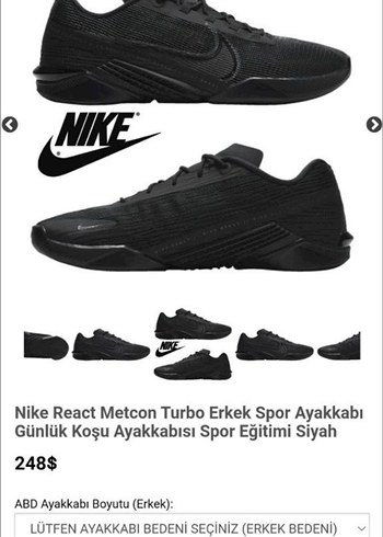 Siyah Erkek Koşu ve Antrenman Ayakkabısı 42  Nike türbe metcon - Görsel 6
