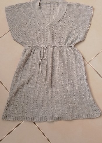 Gri V Yaka Örgü Midi Elbise