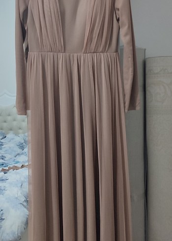 Bej Yüksek Yakalı Drapeli Uzun Abiye - Görsel 5