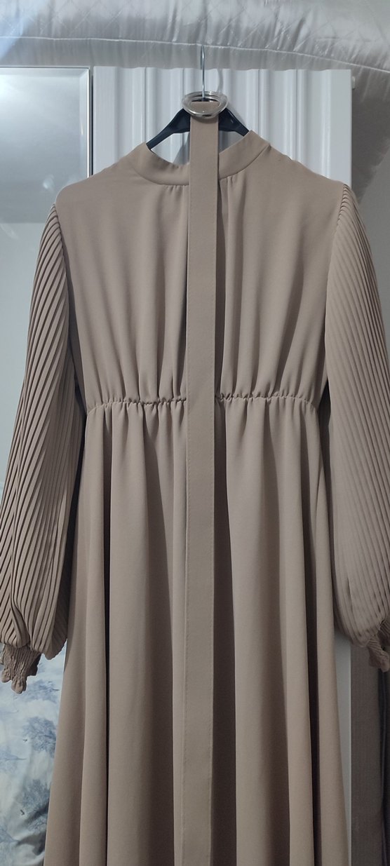 Drapeli Bej Uzun Kol Elbise - Görsel 2