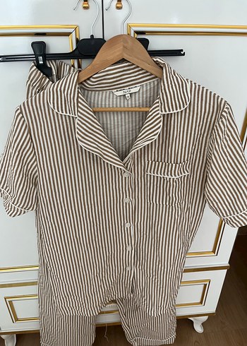 s Beden Kahverengi Çizgili Kadın Kısa Kollu Pijama takımı