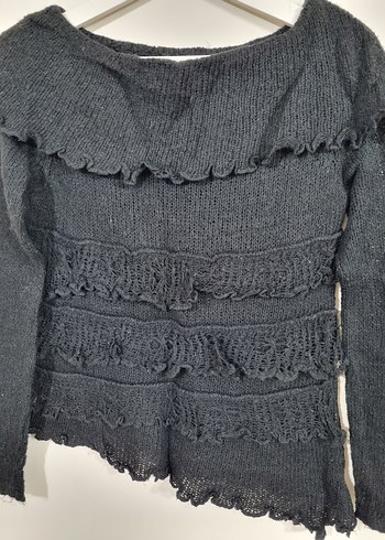 Siyah Uzun Kollu Fırfırlı Triko Kazak - Görsel 2