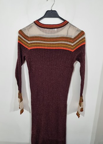 Bordo Nakışlı Uzun Kollu Triko Elbise - Görsel 3