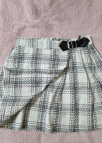 Beyaz Ekose Desenli Kemerli Mini Etek - Görsel 2