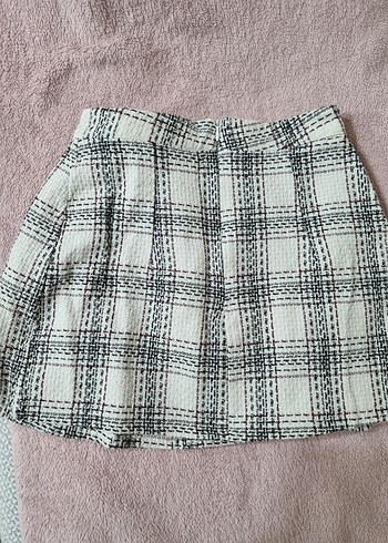 Beyaz Ekose Desenli Kemerli Mini Etek - Görsel 3