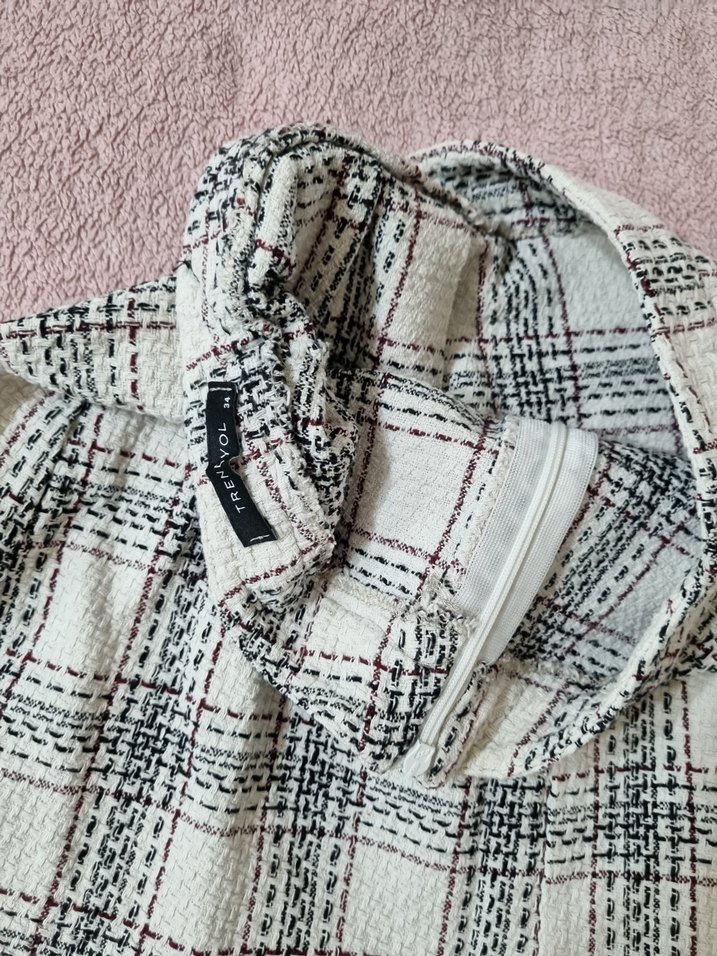 Beyaz Ekose Desenli Kemerli Mini Etek - Görsel 4