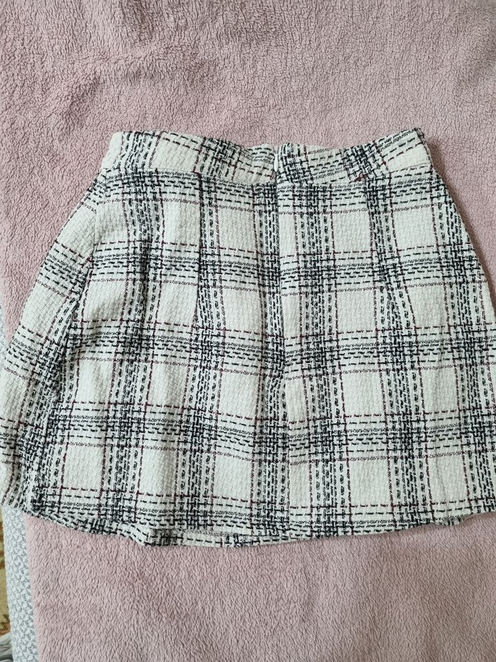 Beyaz Ekose Desenli Kemerli Mini Etek - Görsel 3